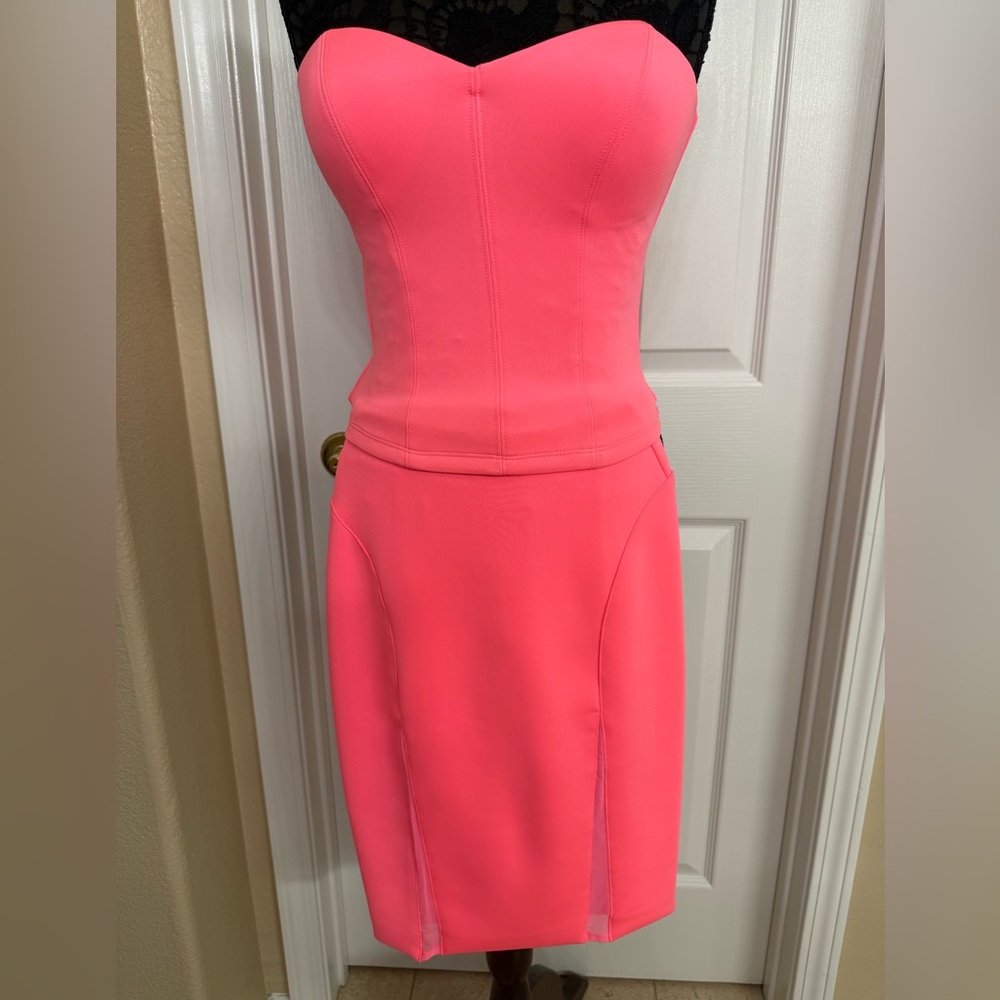 Elegant Pink Women's Strapless Corset Top and Skirt Set by Guess